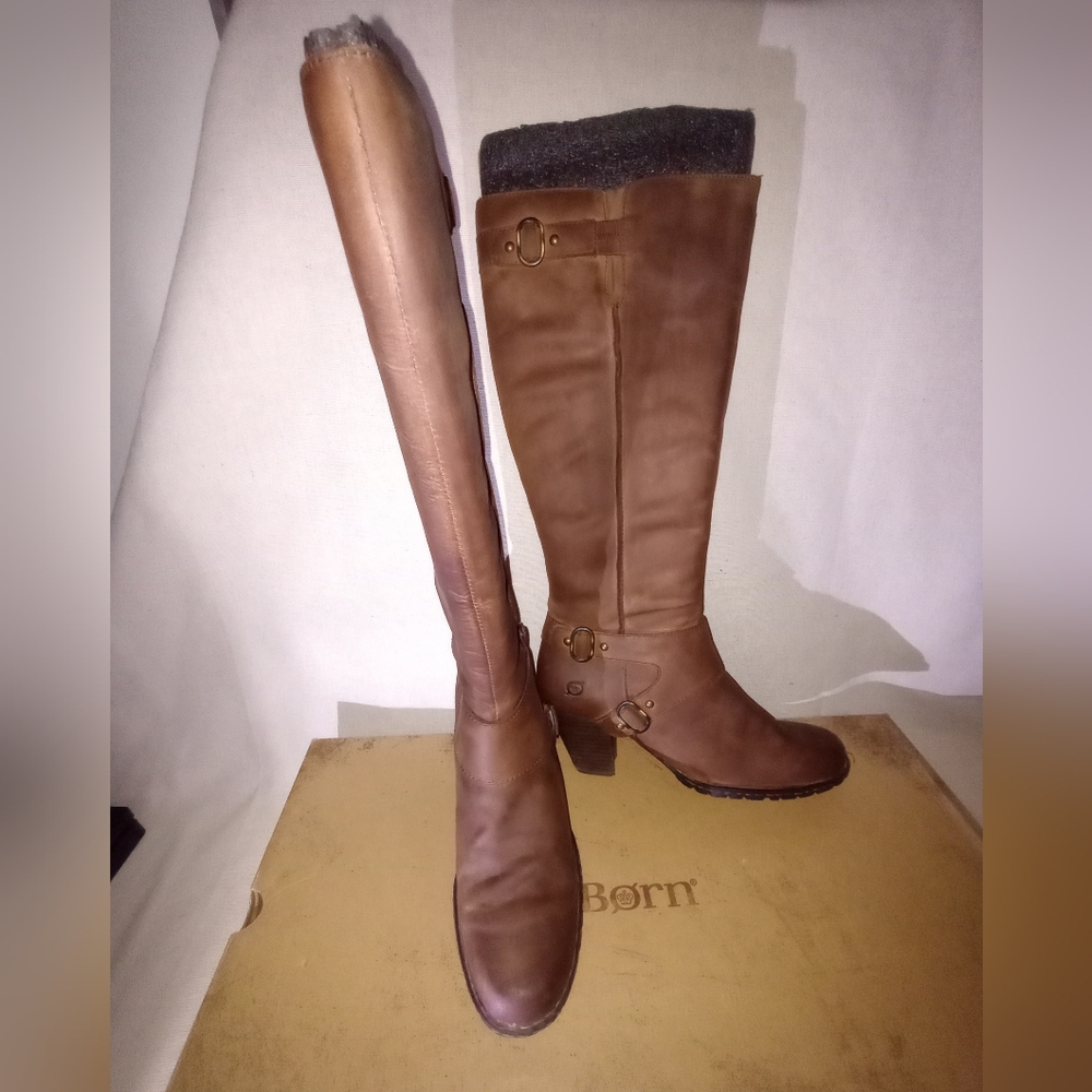BORN Brown Leather Harness Moto - Women's Size 8 - Mid-Heel Tall Riding Boots